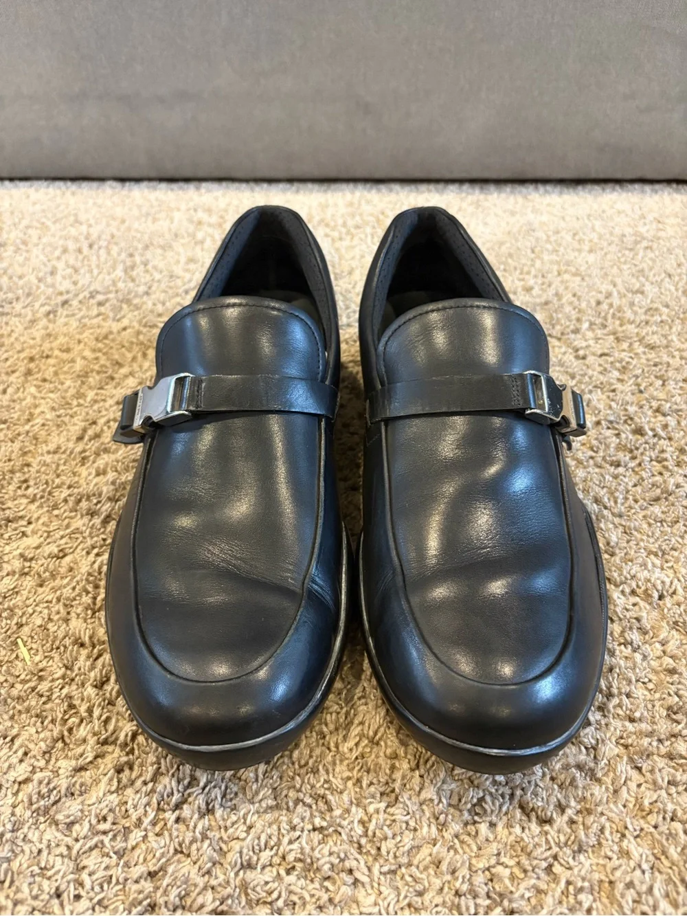 Prada Linea Rossa Black Leather Slip-On Loafers with Metal Buckle